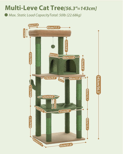 Cactus Cat Tree for Large Cats with Metal Plush Big Hammock, 56.3" Cat Tower for Indoor Cats with 2