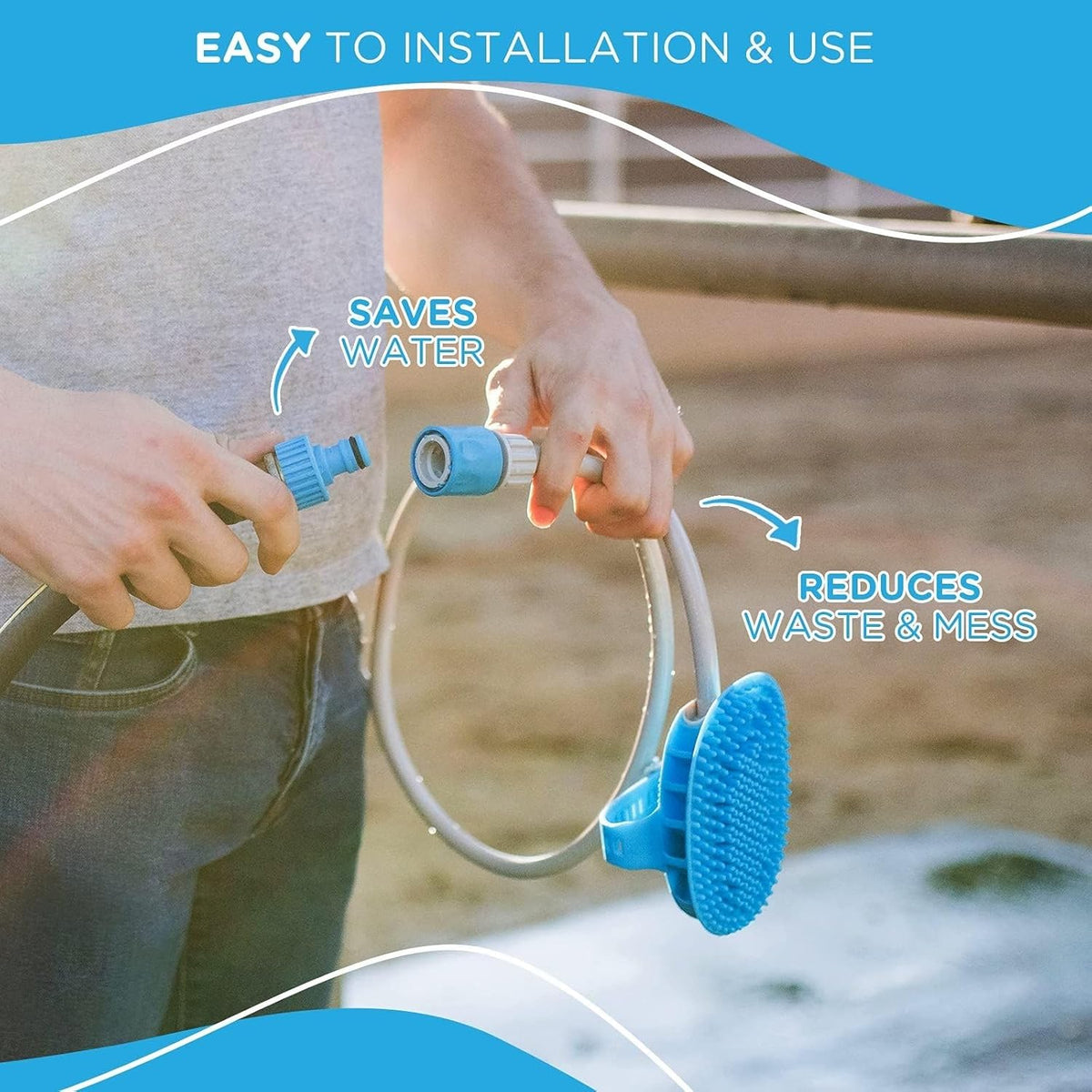 Aquapaw 5-in-1 Horse & Dog Bath Brush & Curry Comb - XL Blue Silicone - Includes 3-ft Shower Hose