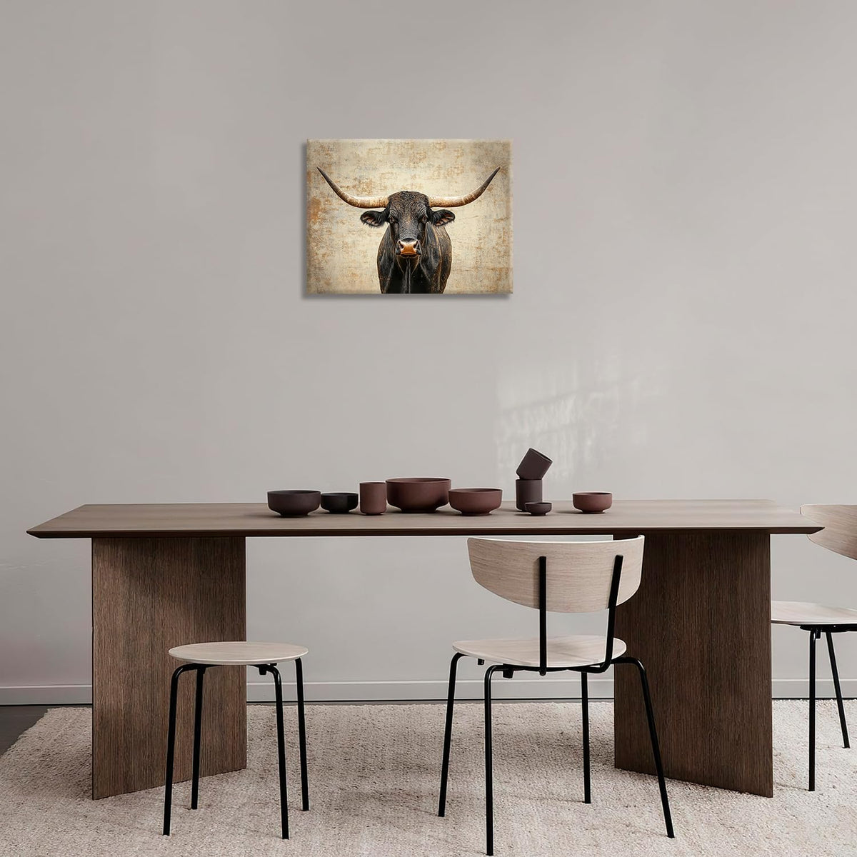 Rustic Highland Cow Pictures Wall Art, Farmhouse Longhorn Bull Bathroom Wall Decor Black Cow Framed