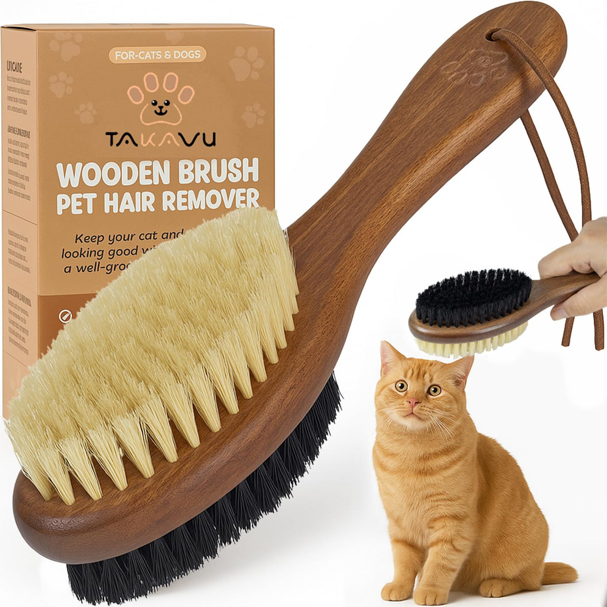 Takavu Double-Sided Boar Bristle Cat Brush - Natural Grooming Tool for Gentle Cleaning, Shine &