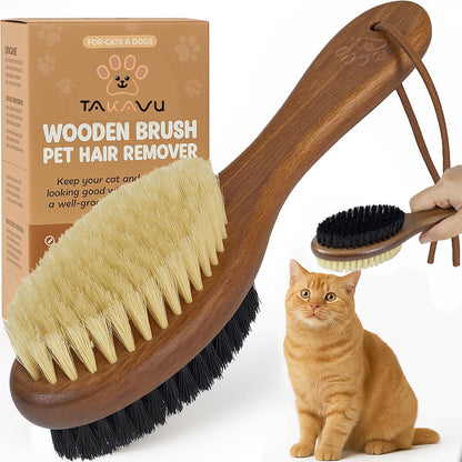 Takavu Double-Sided Boar Bristle Cat Brush - Natural Grooming Tool for Gentle Cleaning, Shine &