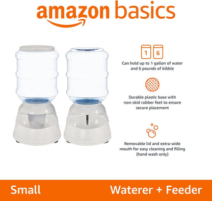 Amazon Basics Automatic Dog Cat Water Dispenser Gravity Feeder Set, Pack of 2, Small, 6-Pound Food