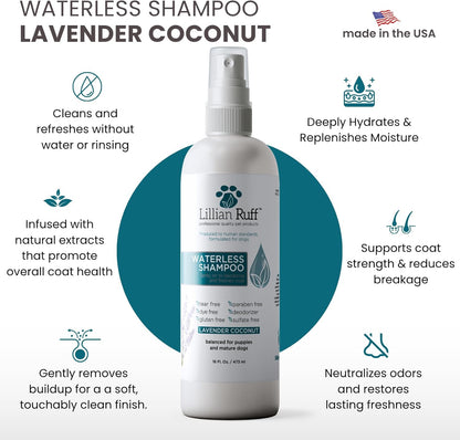 Lillian Ruff Waterless No-Rinse Dog Dry Shampoo Spray with Hydrating Essential Oils - pH-Balanced