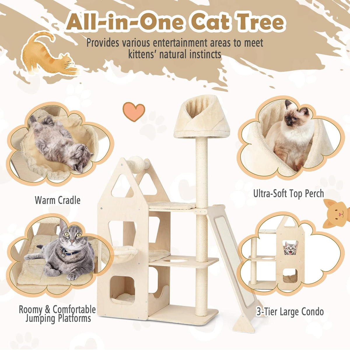 Tangkula Modern Wood Cat Tree for Indoor Cats, 64 Inch Multi-Level Tall Cat Tree with Scratching