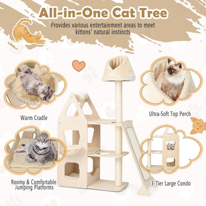 Tangkula Modern Wood Cat Tree for Indoor Cats, 64 Inch Multi-Level Tall Cat Tree with Scratching