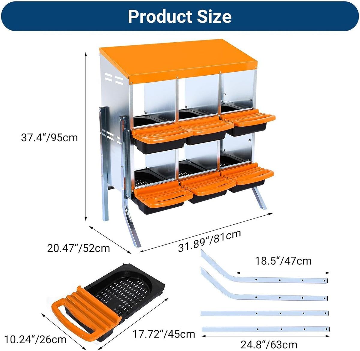 Chicken Nesting Boxes, 6 Hole Metal Chicken Laying Box with with Removable Trays and Roll Out Egg