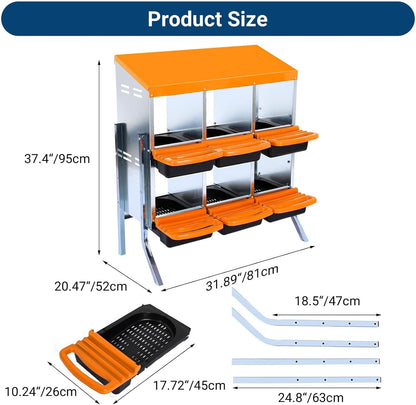 Chicken Nesting Boxes, 6 Hole Metal Chicken Laying Box with with Removable Trays and Roll Out Egg