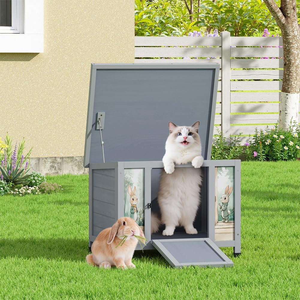 COZIWOW 24in Wooden Cat House Outdoor & Indoor Pet Shelter with Foldable Ramp - Weatherproof Rabbit