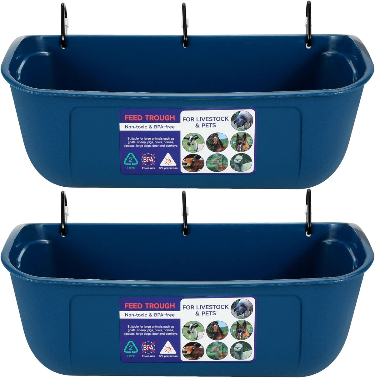 Goovilla Large Feed Trough, Hanging or Screw-in Fence Feeder with Clips, 2 Pack 9 Quart Goat Feeder