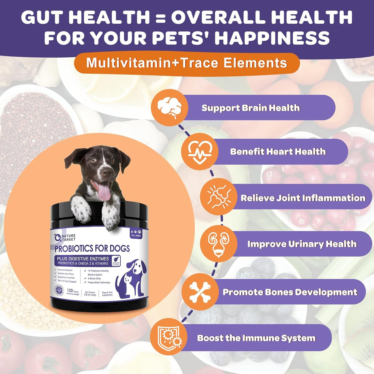 NATURE TARGET Probiotics for Dogs, 6 Billion Freeze Dried Dog Probiotics with Prebiotics & Enzymes