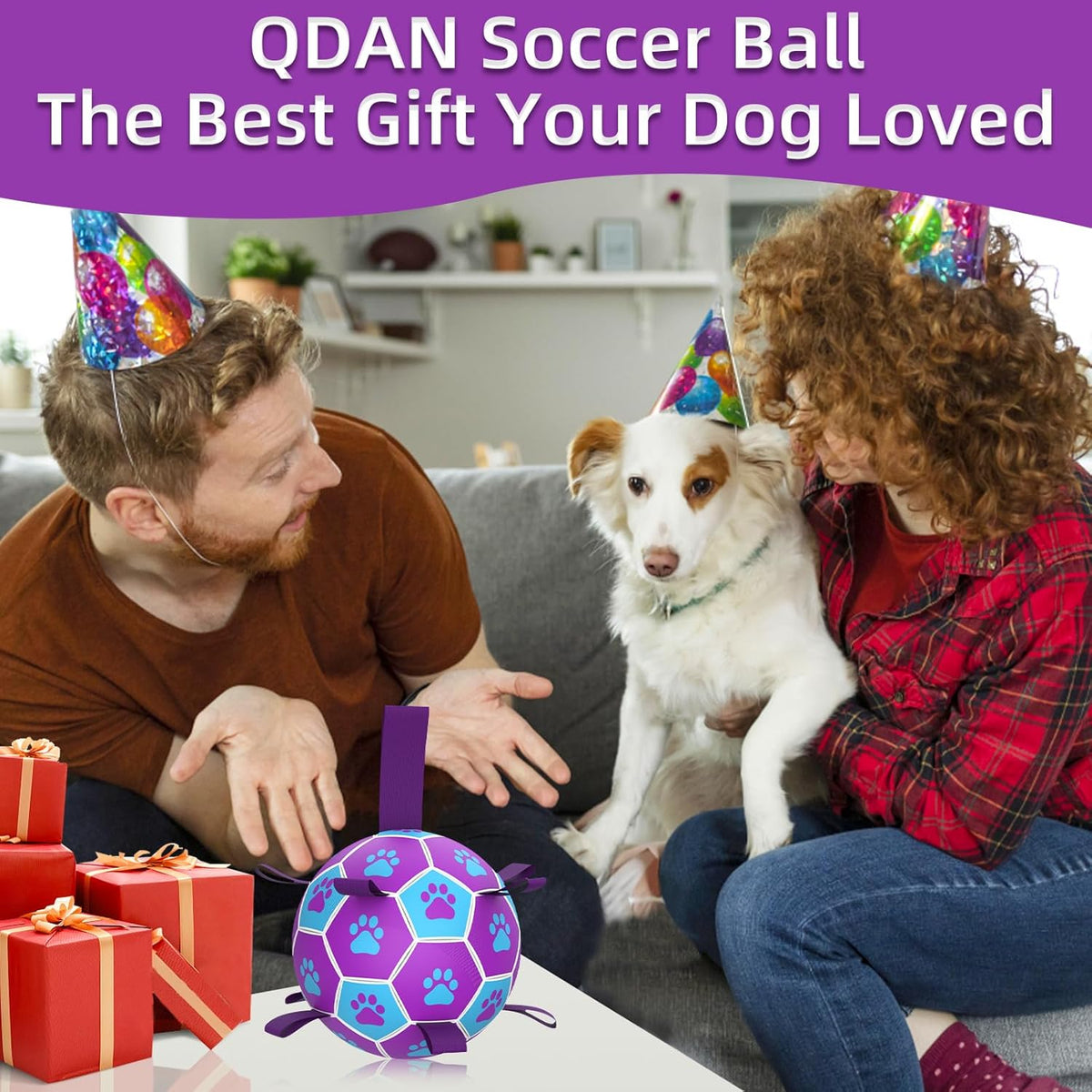 QDAN Dog Ropes Toys Soccer Ball with Straps, Puppy Birthday Gifts, Tug of Toy, Water Toy, Durable