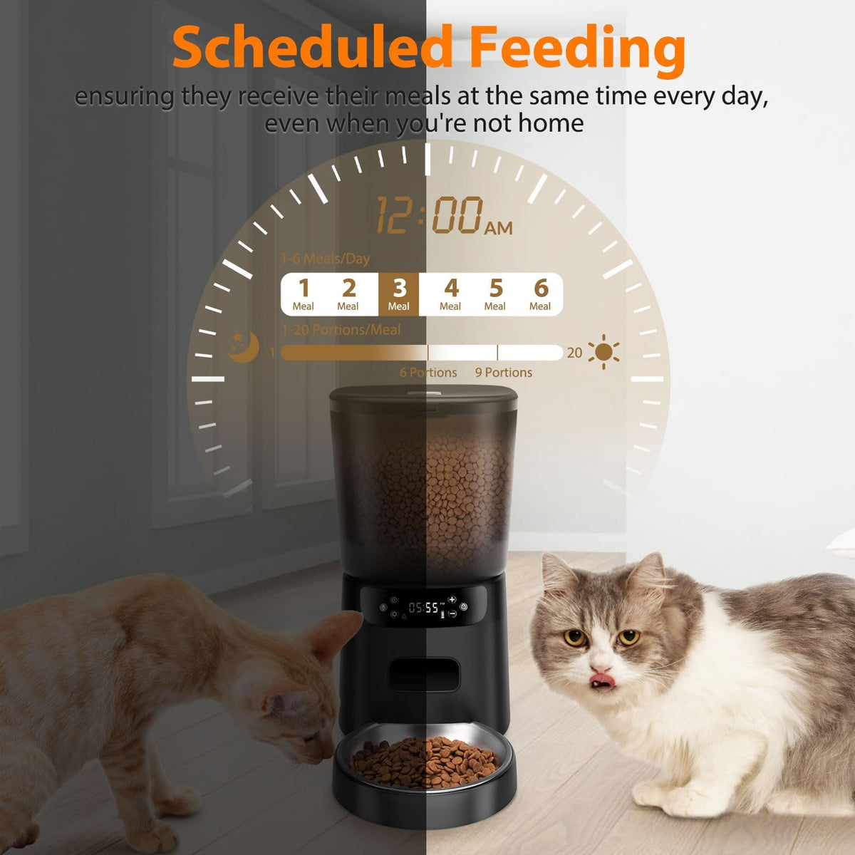Automatic Cat Feeder, Cat Food Dispenser with Stainless Steel Bowl, Timed Portion Control 20