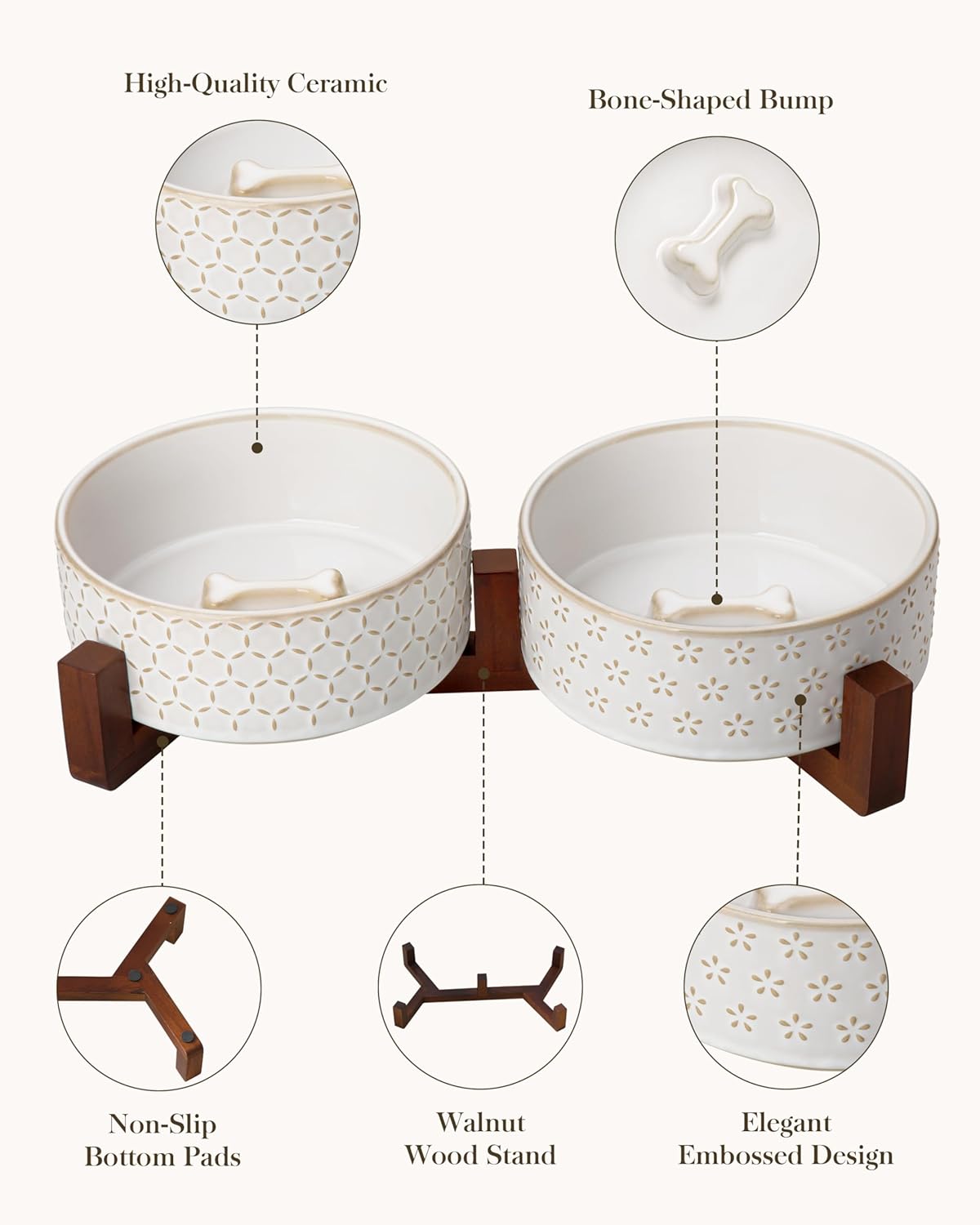 MALACASA Dog Bowl Set with Walnut Wood Stand, 3.5 Cups Ceramic Pet Bowls for Puppy Dogs, Dual Food