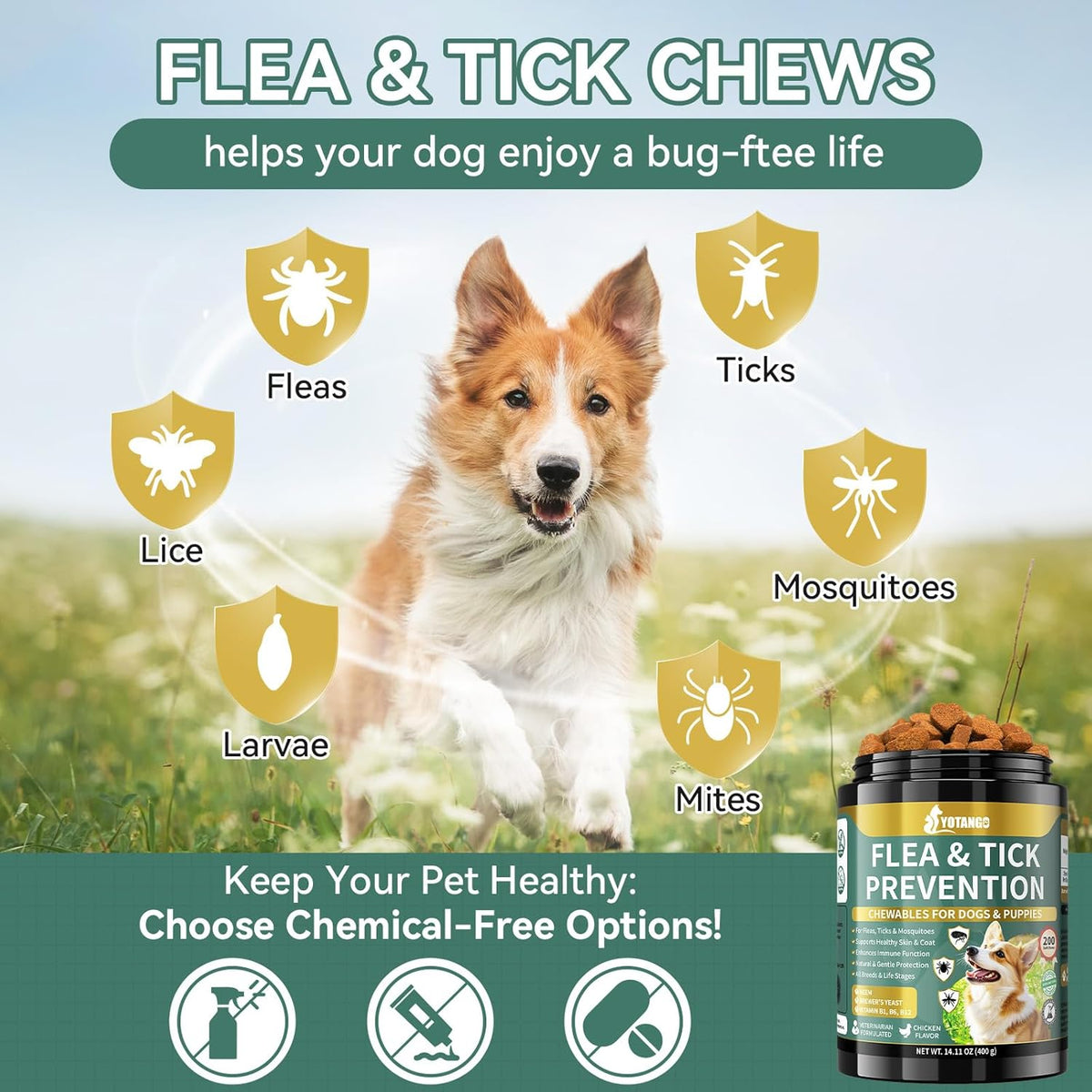 YOTANGO Flea and Tick Prevention for Dogs Chewable, 200 Soft Treats Natural Dog Flea and Tick
