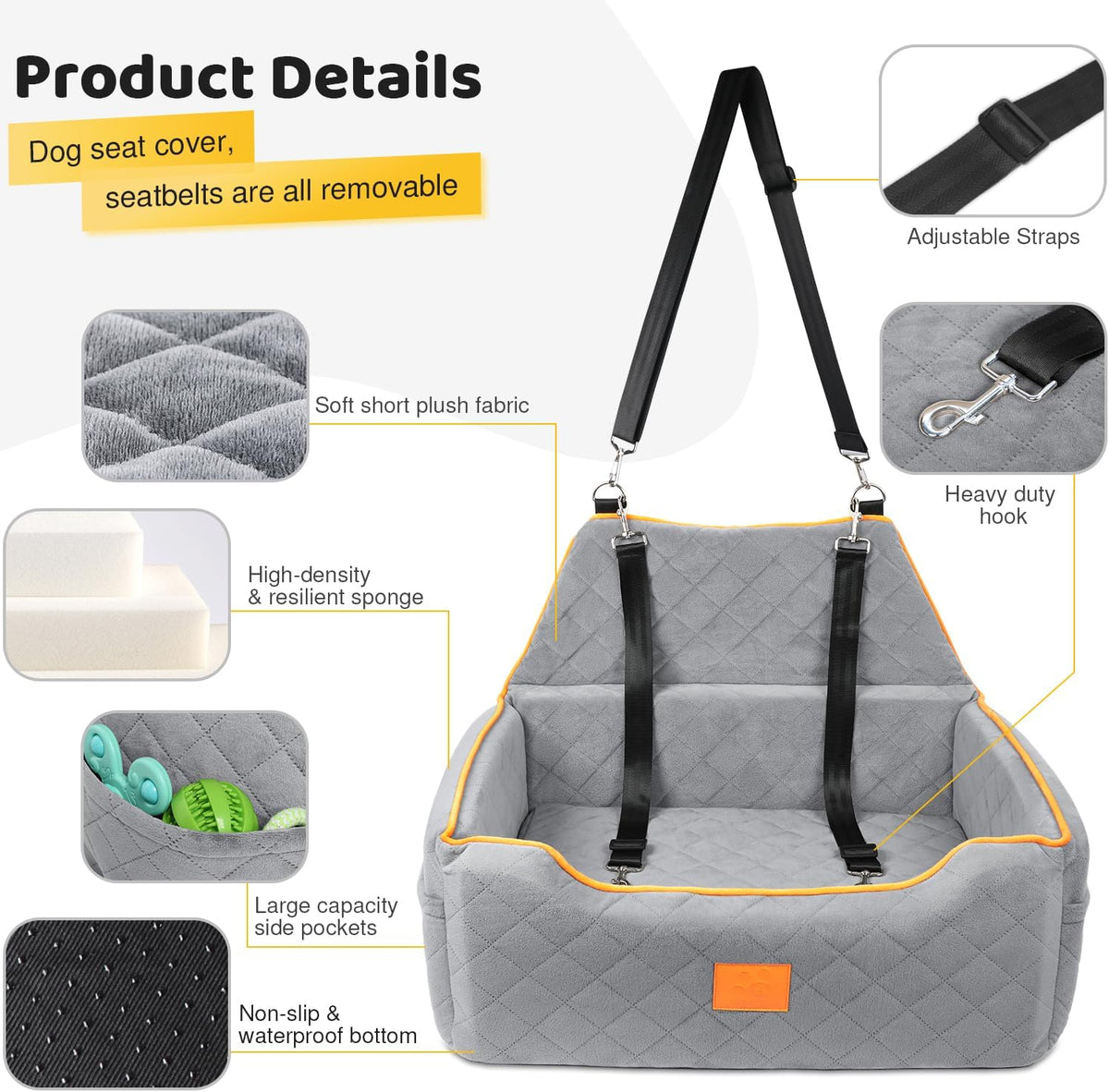 Dog Car Seat for Large/Medium Dog, Booster Seat for Dogs Under 55Lbs or 2 Small Puppy, Detachable