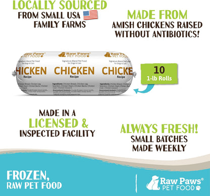 Raw Paws Signature Blend Pet Food for Dog & Cats - Chicken Recipe, 1-lb Rolls (10 Pack) - Frozen
