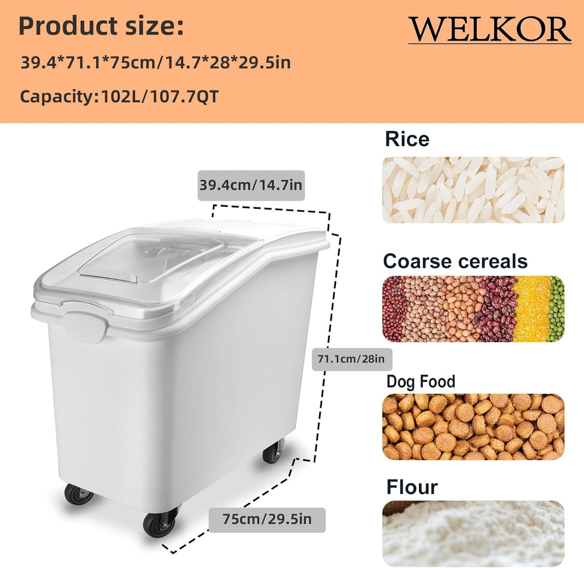 Ingredient Storage Bin,26 Gallon Dispenser Bin with Scoop for Dry Food, Sugar, Baking
