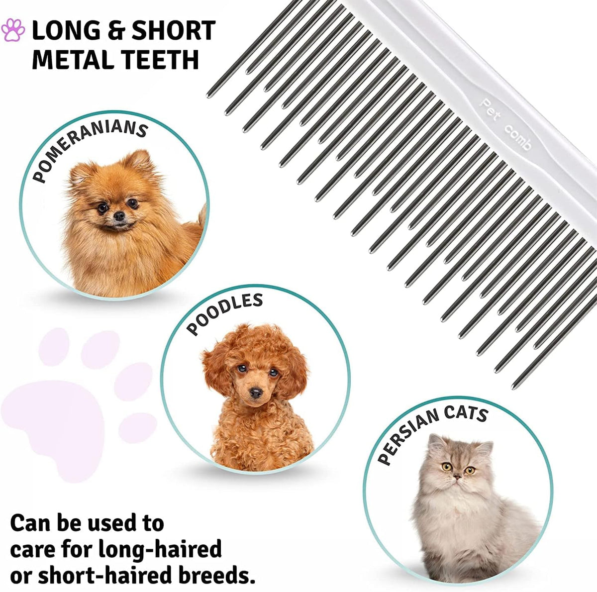 Poodle Pet Detangling Pet Comb with Long & Short Stainless Steel Teeth for Removing Matted Fur