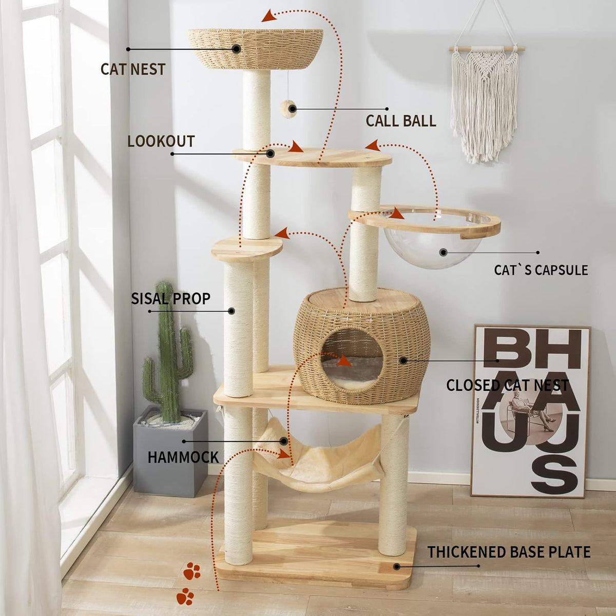 59" Big Modern Cat Tree Tower, Cat Tower Sisal-Covered Scratching Posts for Indoor Cats, Oak Wood