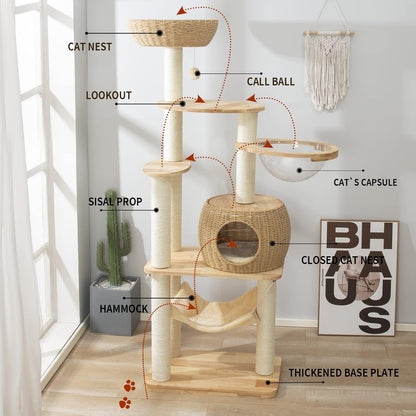 59" Big Modern Cat Tree Tower, Cat Tower Sisal-Covered Scratching Posts for Indoor Cats, Oak Wood