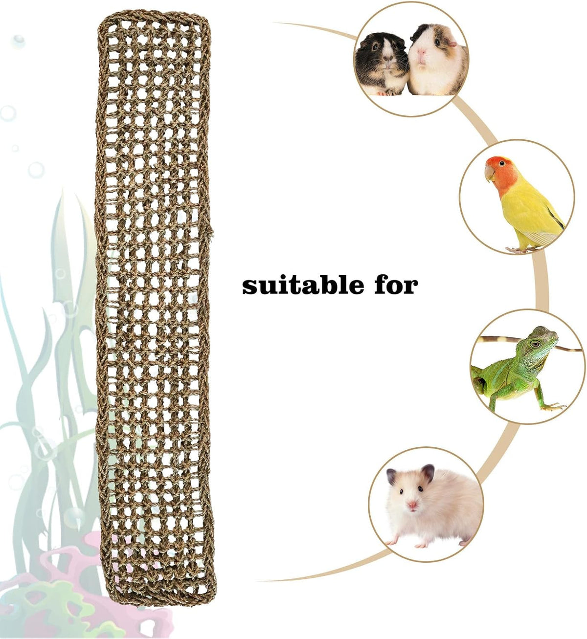 39 x 7 Inches Seagrass Mat, Natural Seagrass Woven Net, Bird Hammock Mat with Hooks, Cage