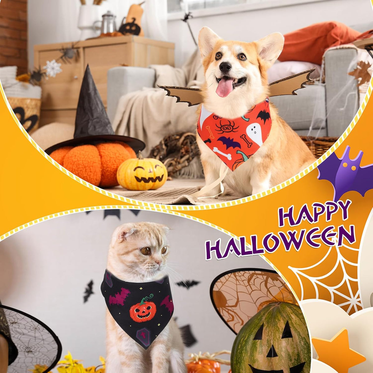 Abbylike 100 Pcs Halloween Dog Bandanas Bulk Pumpkin Bandanas for Dogs Triangle Kerchief Bibs Scarf