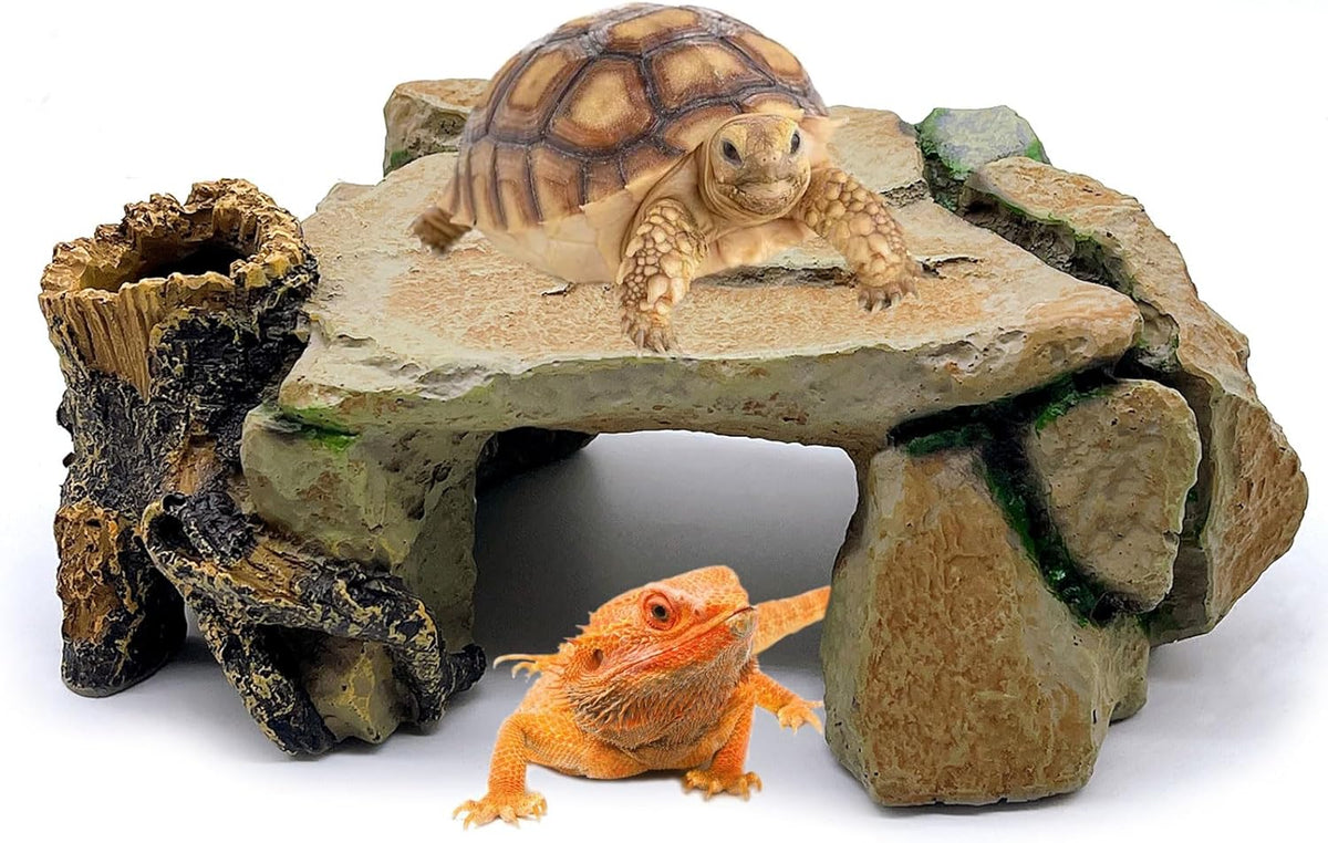 BNOSDM Reptile Hide Cave, Turtle Basking Platform, Terrarium Resin Rock Decor, Lizard Hideout Rocks