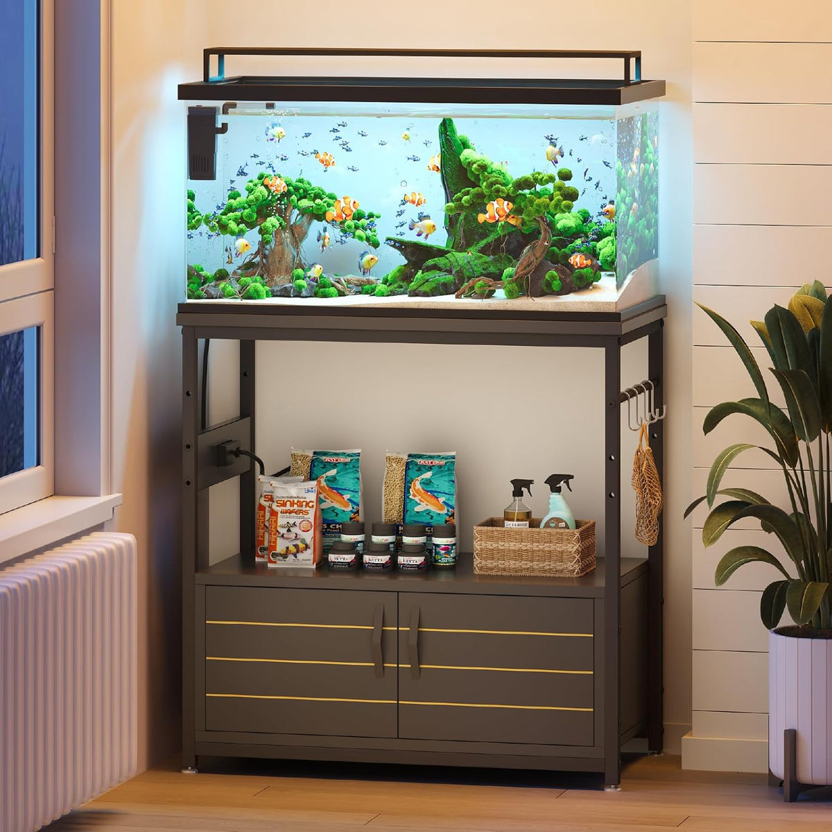 Bestier 20-29 Gallon Fish Tank Stand with Power Outlets, Metal Long Aquarium Stand with Storage