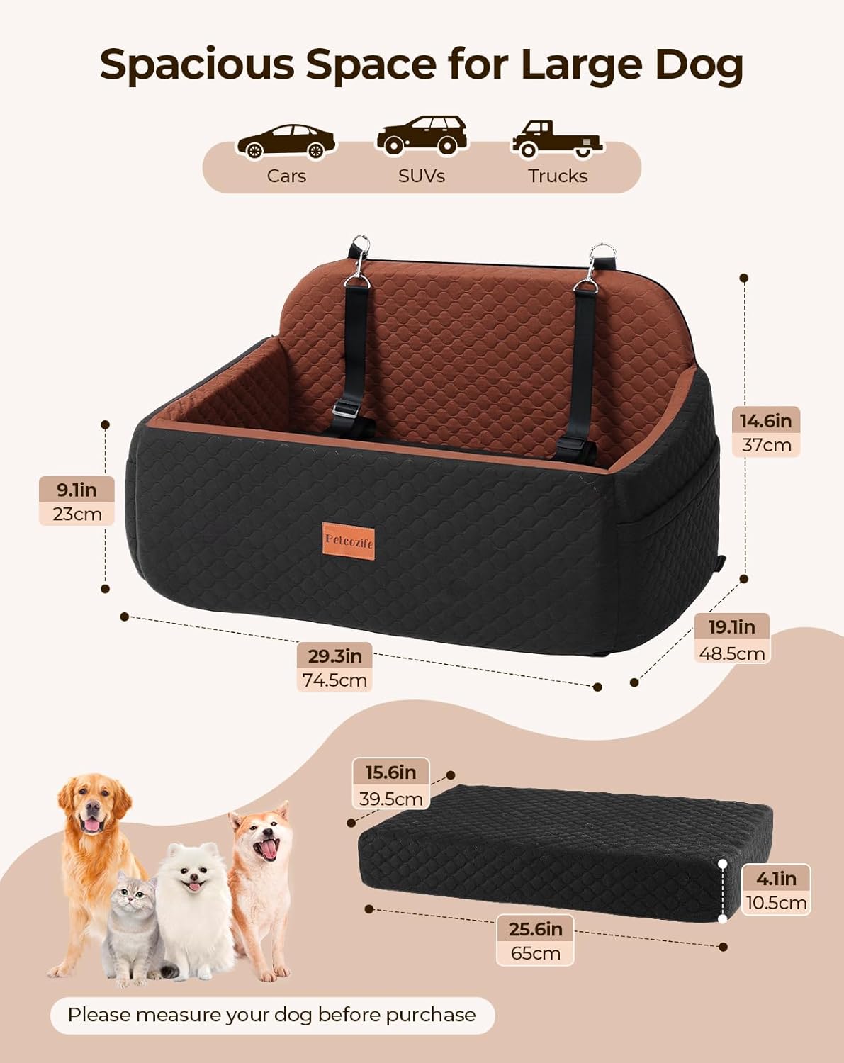 Dog Car Seat for Large Medium Dogs, Pet Car Seat Under 55 lbs or 2 Puppies, Removable Washable Pets