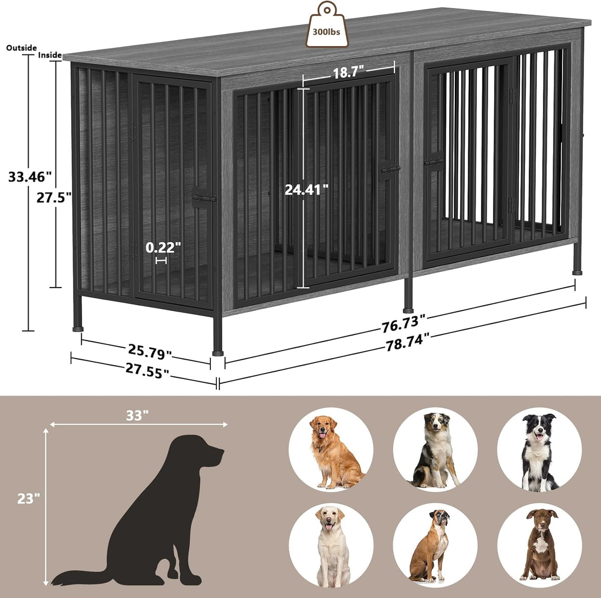 EasyCom 78 Inch Dog Cage Furniture for 2 Pets with Divider, XXL Wooden Double Dog Crate Furniture
