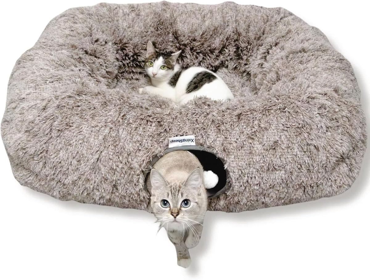 XxingSheep XL Cat Tunnel with Bed for Indoor Cats Peekaboo Cat Cave Donut Toy with Warm