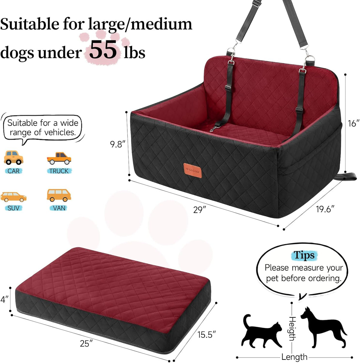 Dog Car Seat for Medium/Large Dogs, Pet Booster Seat for Under 55 lbs or 2 Small Dogs, Detachable &