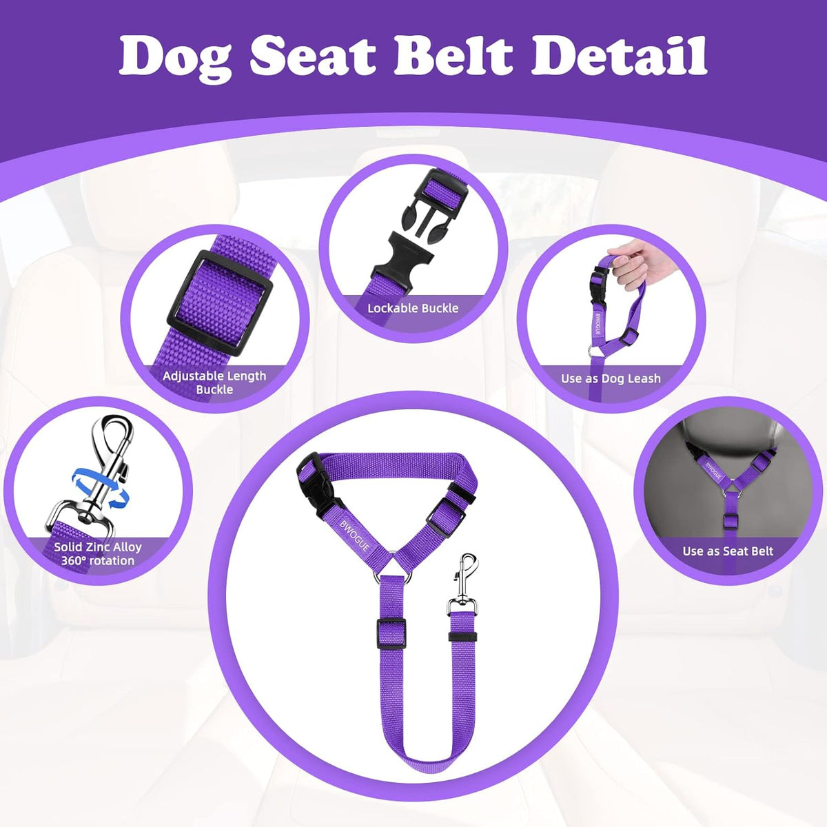 BWOGUE 2 Packs Dog Cat Safety Seat Belt Strap Car Headrest Restraint Adjustable Nylon Fabric Dog