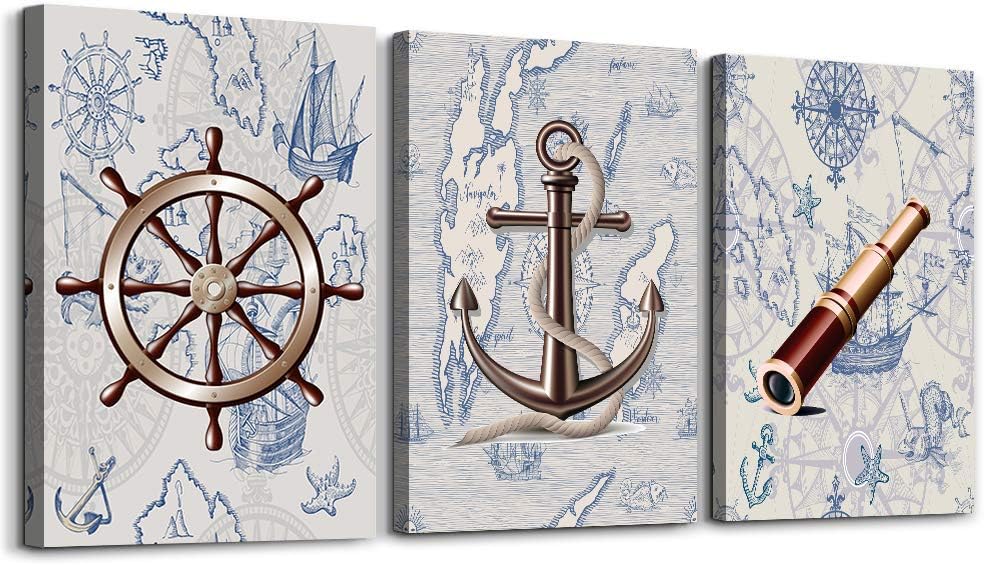 ocean theme steering wheel telescope ship pendant Canvas Prints bathroom Wall Art for Bedroom Wall