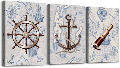 ocean theme steering wheel telescope ship pendant Canvas Prints bathroom Wall Art for Bedroom Wall