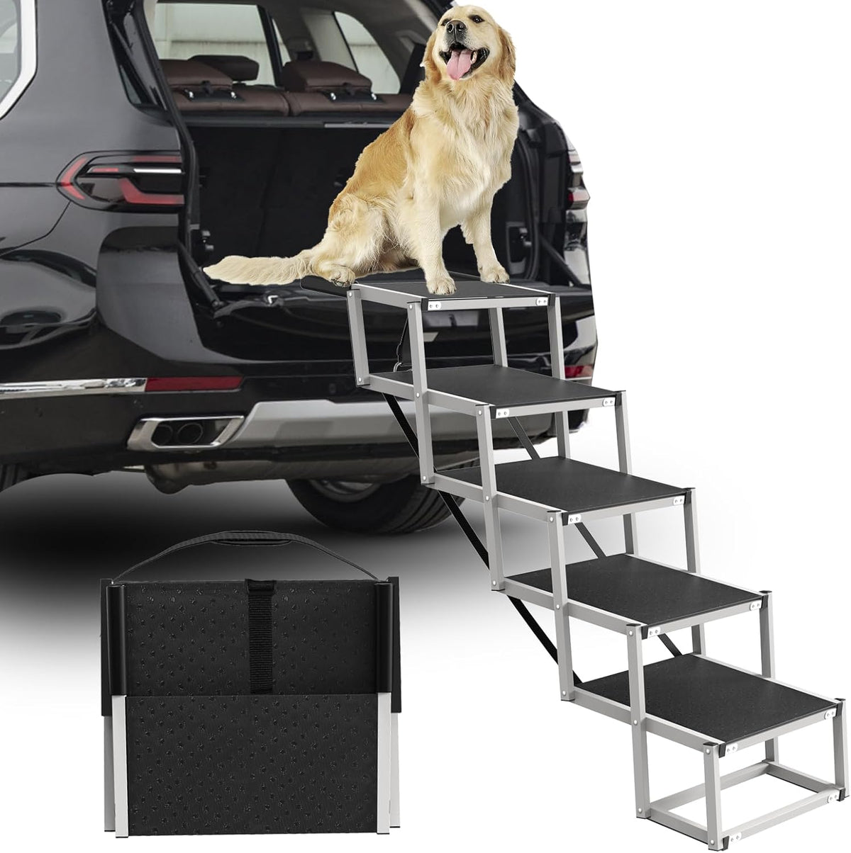 Dog Stairs for Large Dogs - 5 Step Foldable Dog Ramp for Car Non-Slip Surface Support up to 230lbs