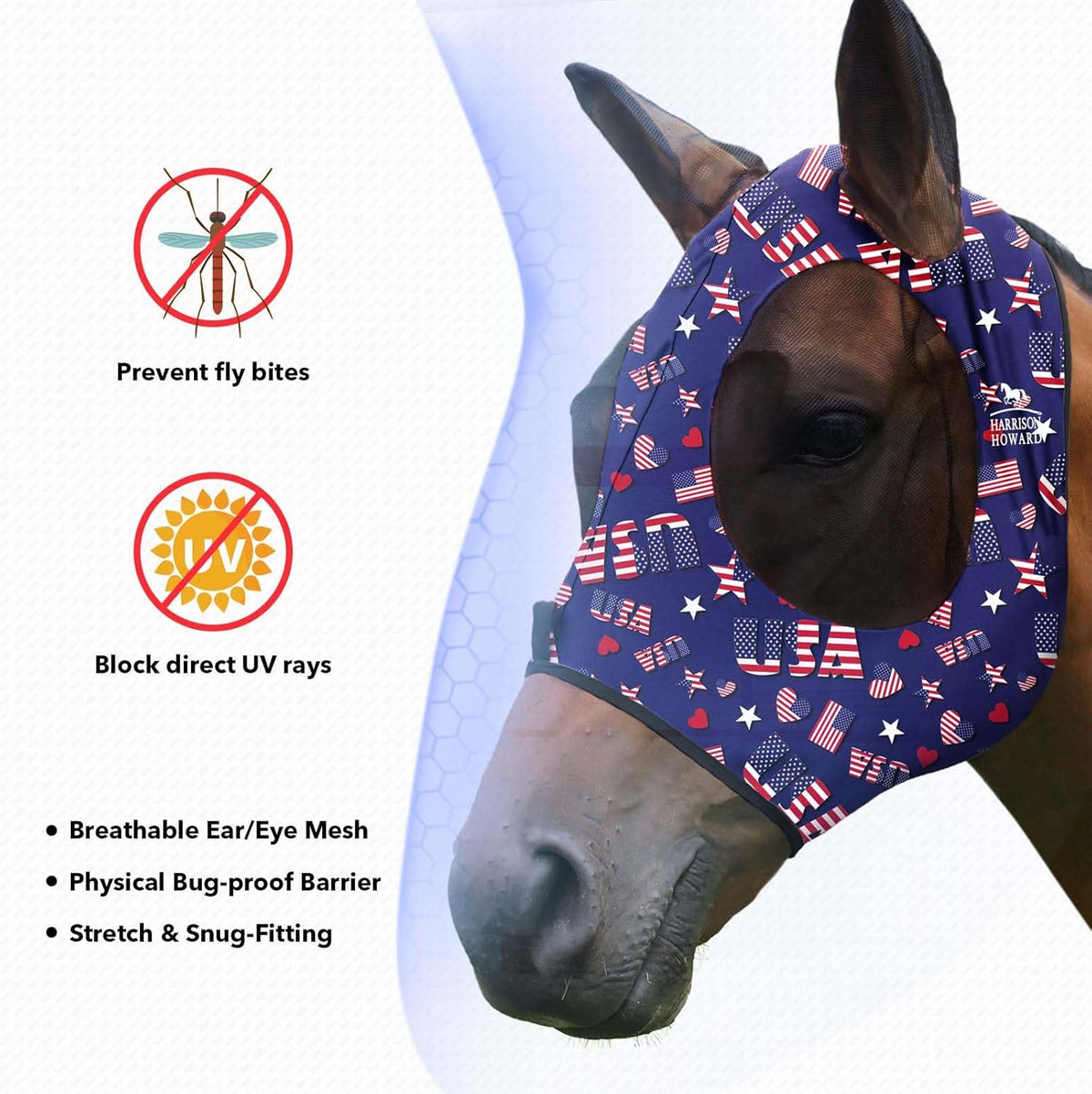 Harrison Howard Super Comfort Stretchy Fly Mask Large Eye Space with UV Protection Soft on Skin