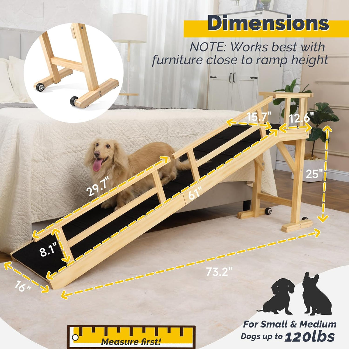 Dog Ramp for Bed or Couch, Wooden Pet Ramp with 20° Gentle Slope, Removable Side Rails, Non-Slip