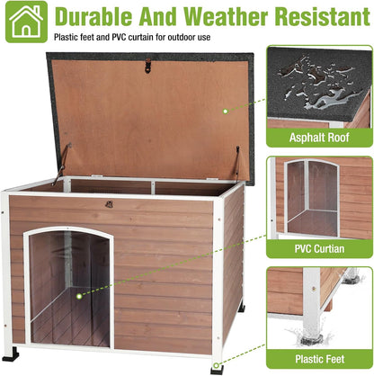 GUTINNEEN Dog House Outdoor Weatherproof with Anti-bite Metal Frame Large Indoor Wooden Dog Kennel