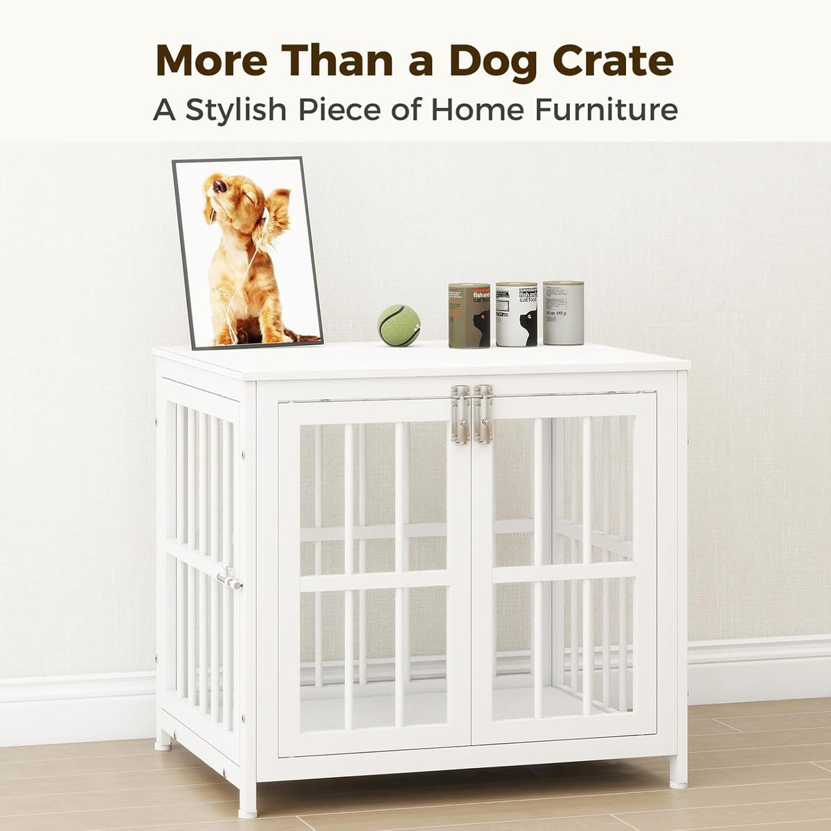 26 Inch Heavy Duty Wooden Dog Kennel End Table with Double Door Design and Secure Locks, Indoor Pet