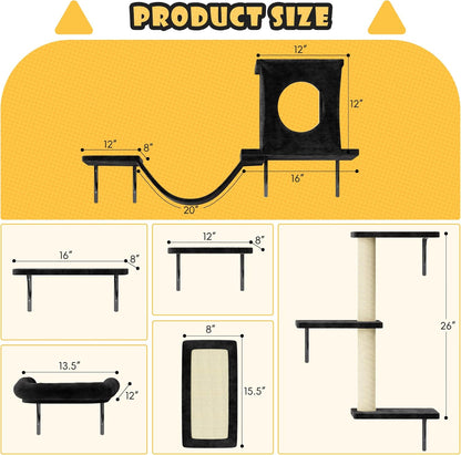NUNU LAB Wall Mounted Cat Furniture, 6 Pcs Cat Wall Shelves with Condo House, Bridge, Steps