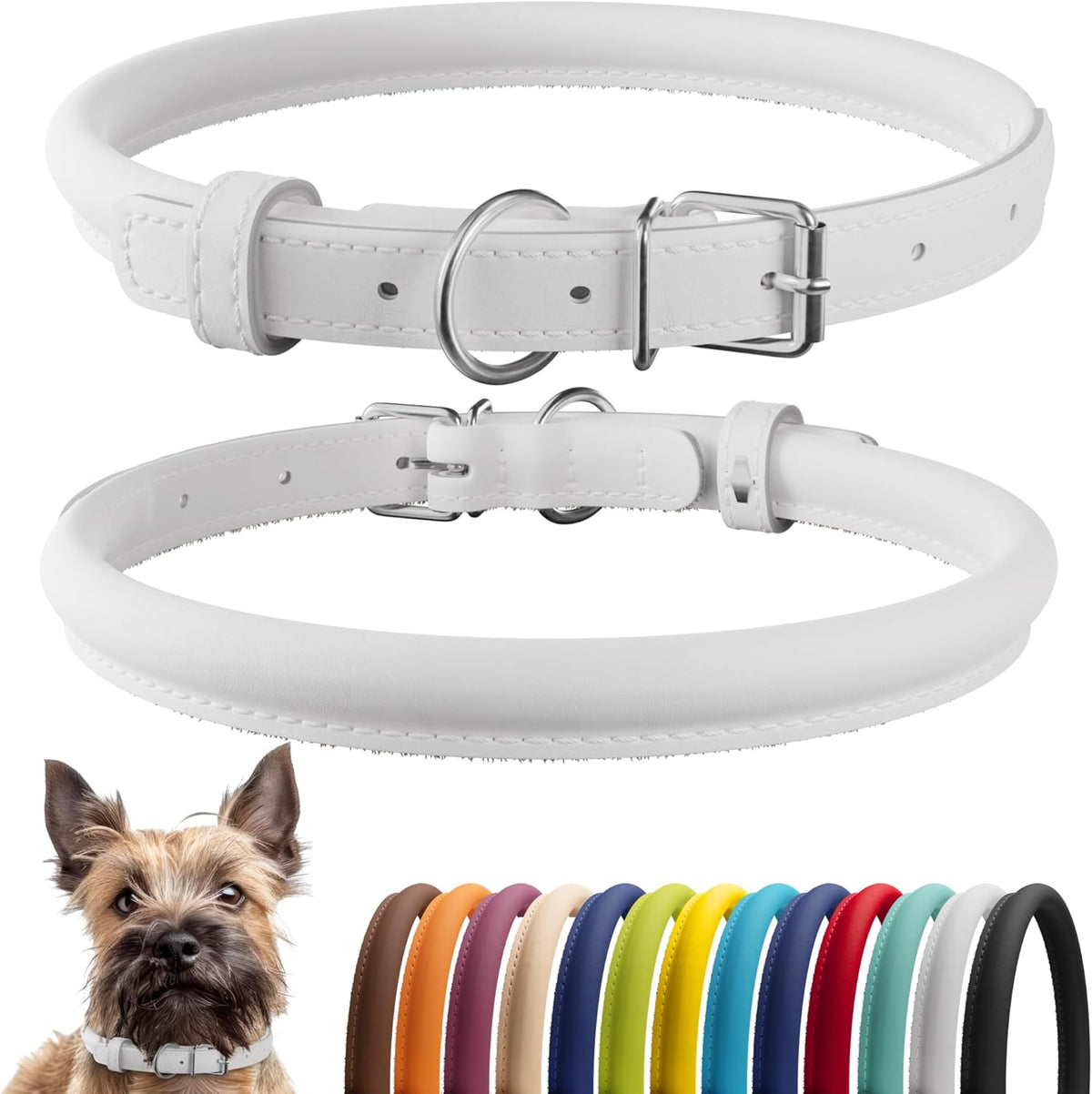 CollarDirect Rolled Leather Dog Collar, Soft Padded Round Puppy Collar, Handmade Genuine Leather