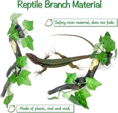 Fhiny 2 PCS Reptile Corner Branch, Resin Climb Tree Branch Decor with Leaves Tank Accessories