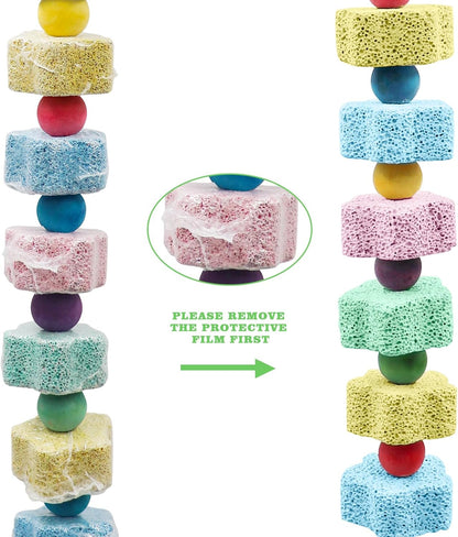 2 Pack Mineral Block Chew Toys with Colorful Beads and a Bell, Bird Beak Grinding Stone, Cage
