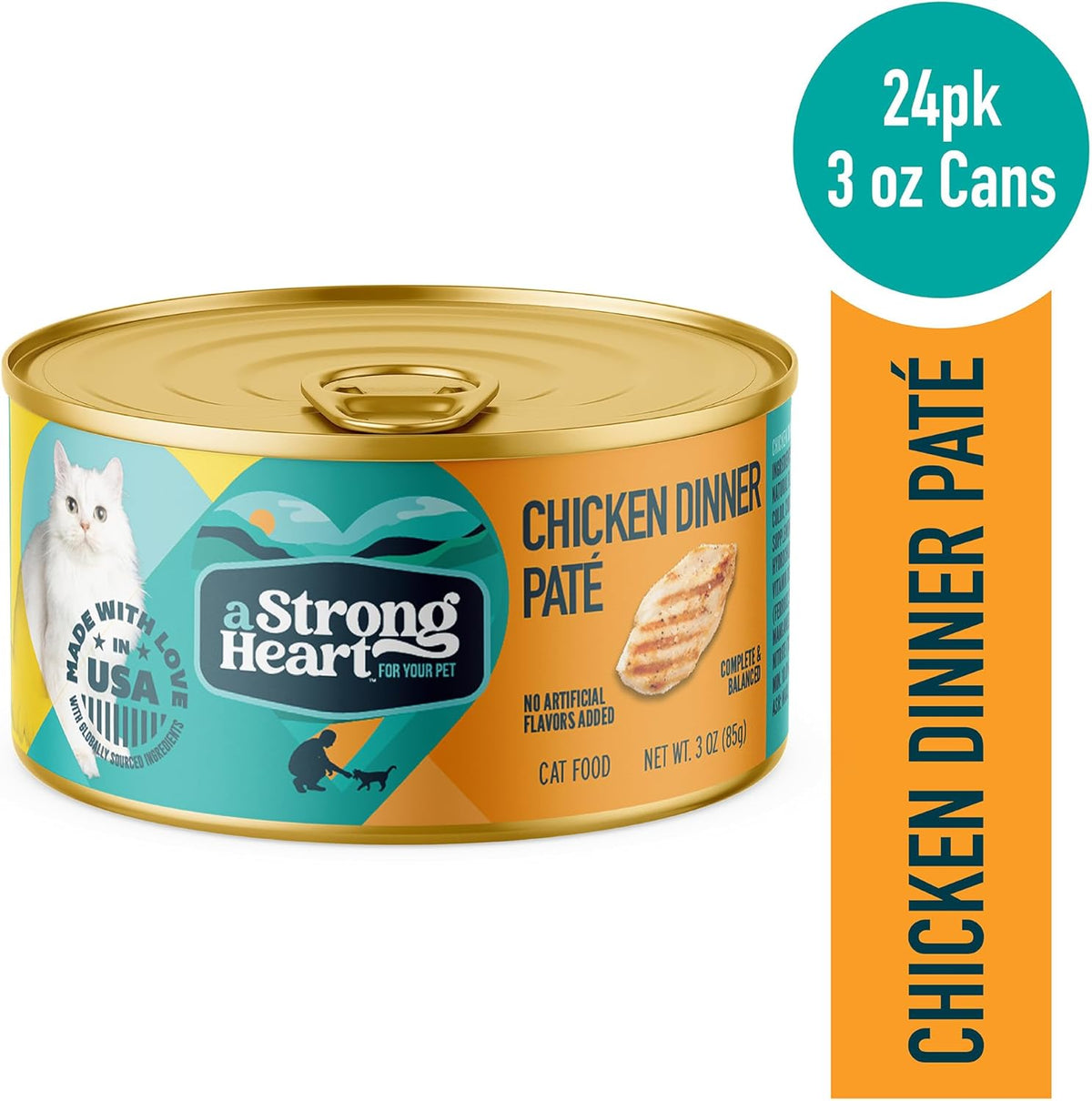 A Strong Heart Canned Wet Cat Food, Chicken Dinner Paté - 3 oz Cans (Pack of 24), Made in The USA