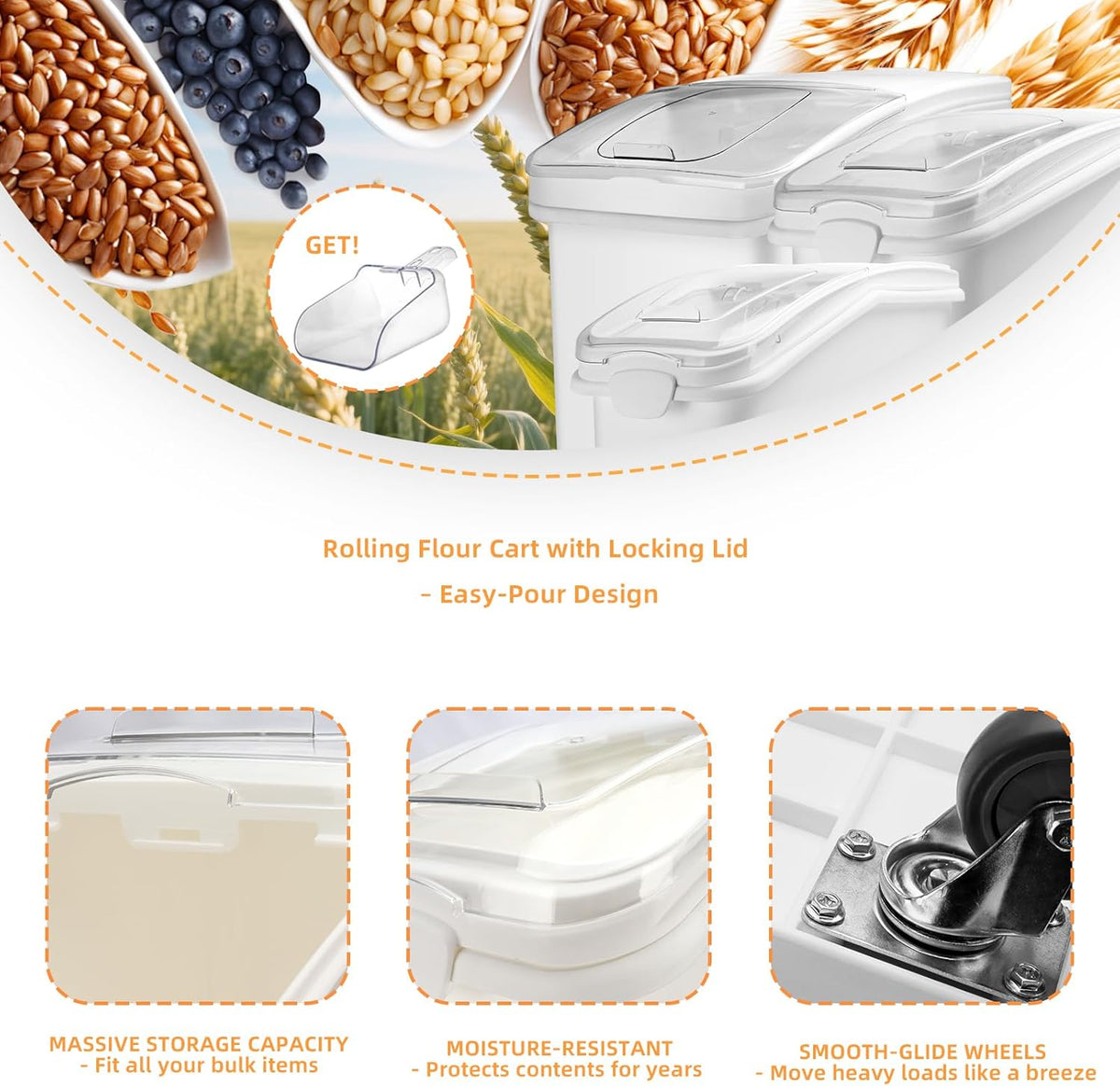 Ingredient Storage Bin,21 Gallon Dispenser Bin with Scoop for Dry Food, Sugar, Baking