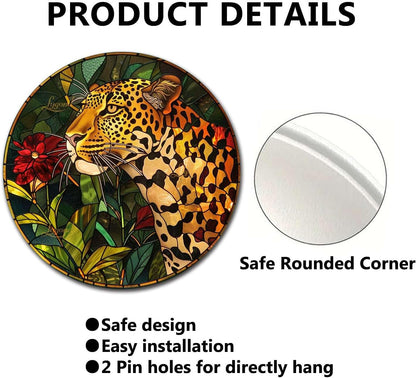 Lygond Metal Sign Tin Sign Circular Stained Glass Leopard Minimalist Wall Art for Garden 12×12