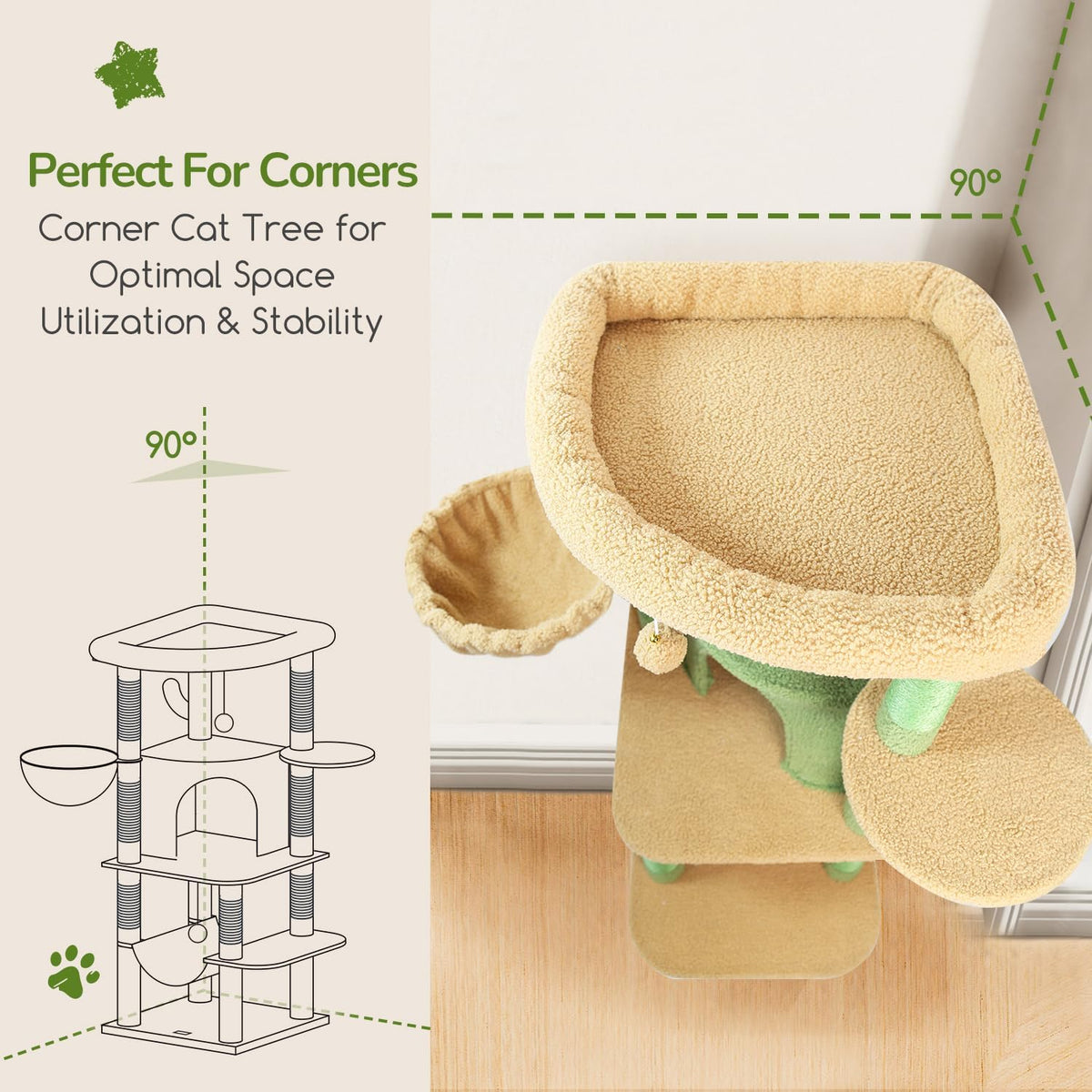Globlazer Cactus Corner Cat Tree Tower with Scratching Post for Indoor Cats, 51in Multi-Level Cat