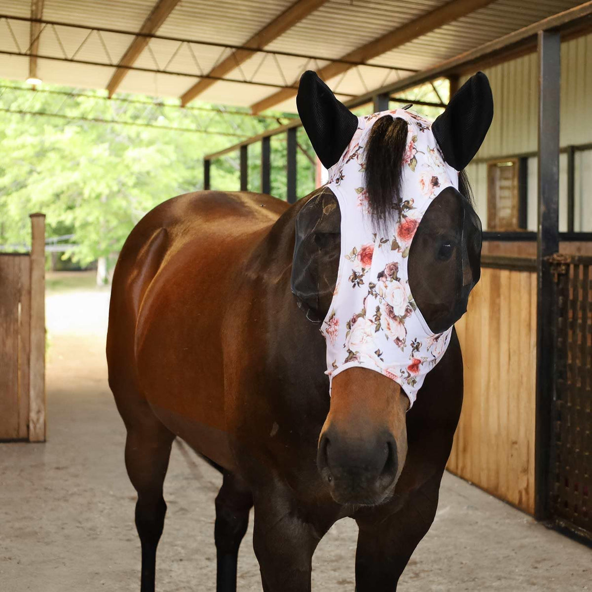 Jeffers Expression Lycra Horse Fly Mask – Oversize, Rose Garden – Lightweight Stretch Horse Mask