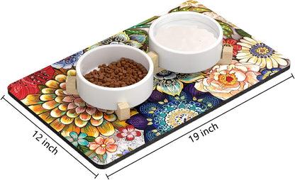 Rnivvi Dog Food Mat, 12" x 19" Flower Absorbent Dog Cat Bowl Mat for Food and Water, Cute Anti-Slip